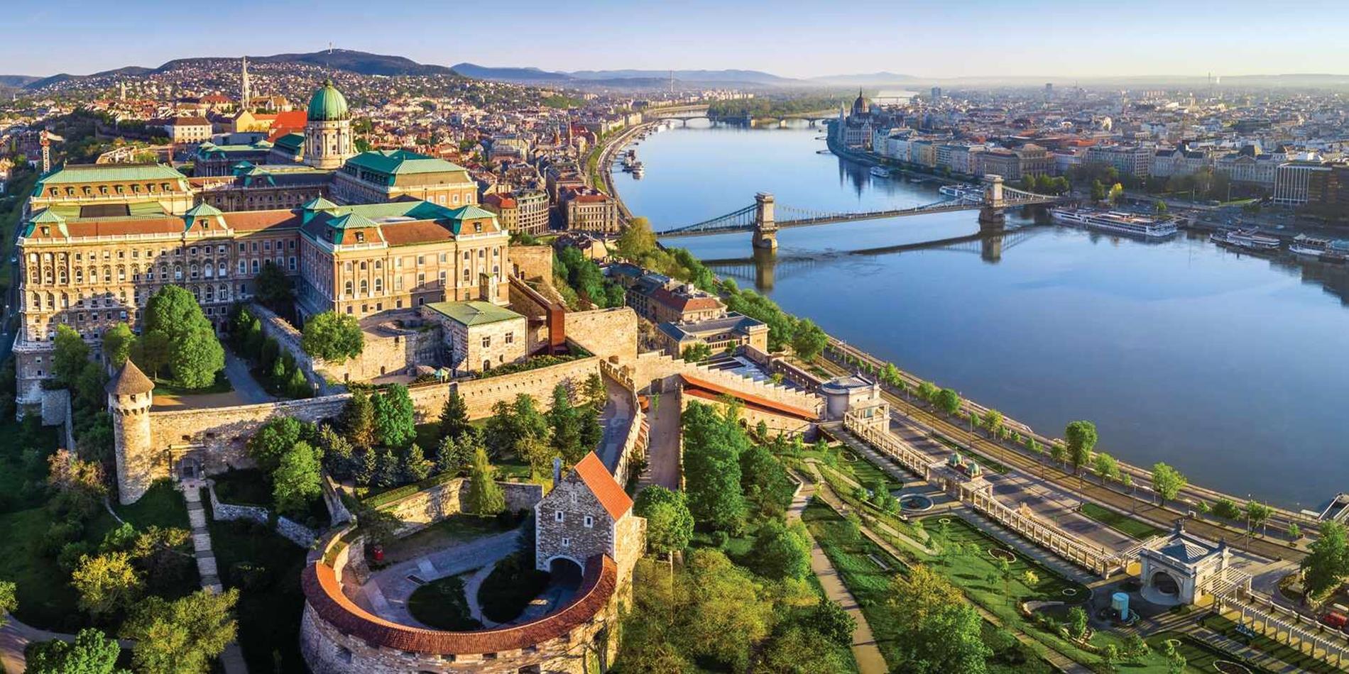 Aerial view over Budapest and the Danube River