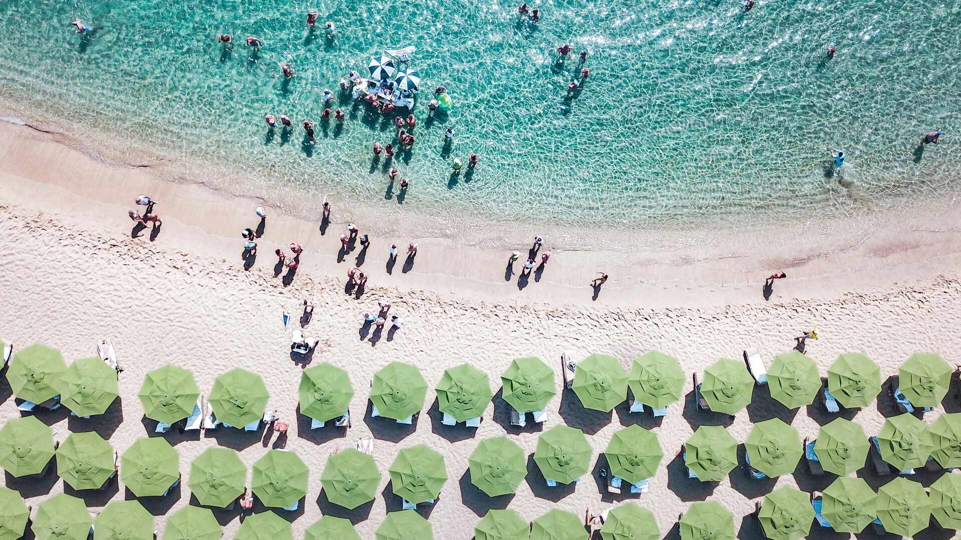 Birds eye view of rows of beach umbrellas and people on the sand and in the water
